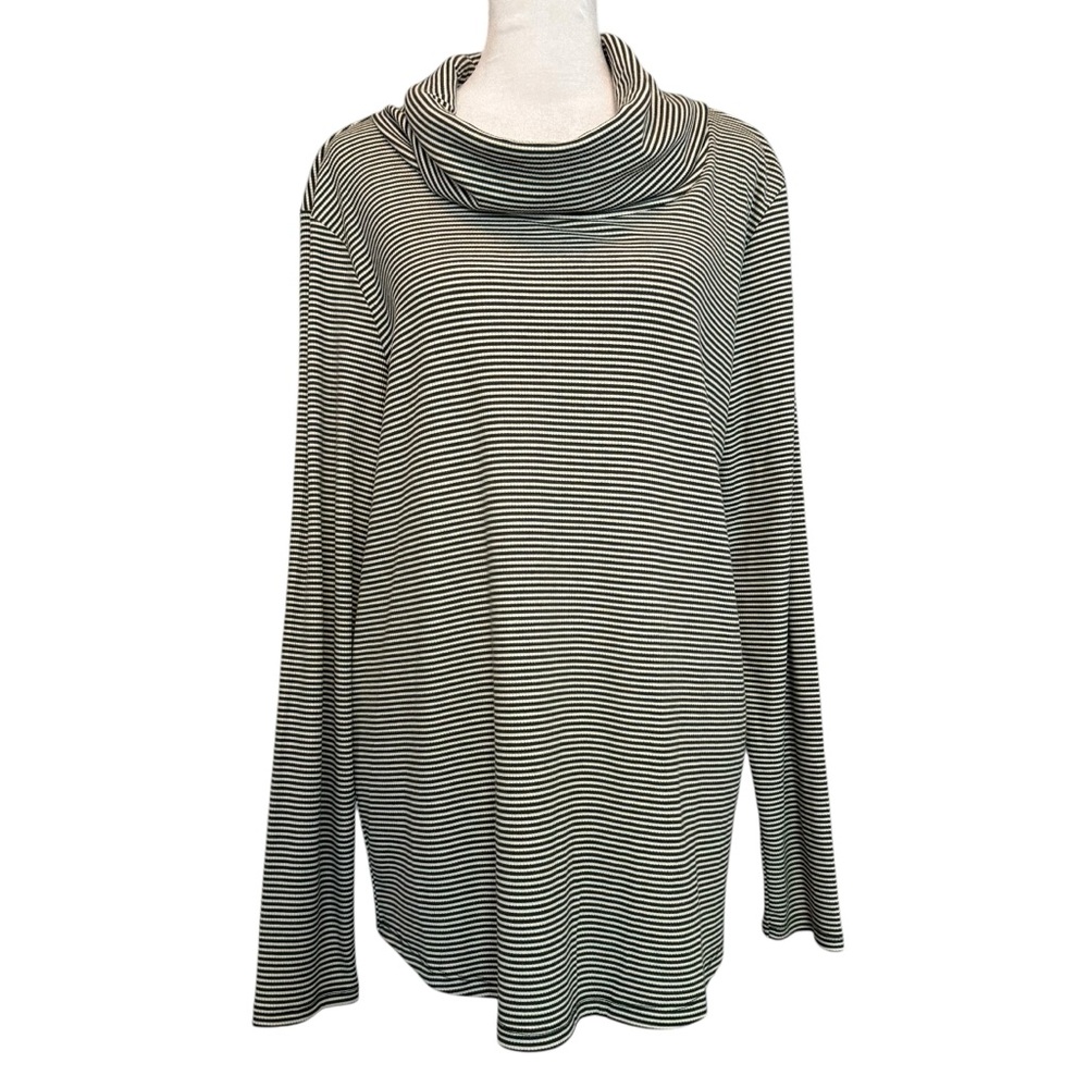 NWT TAHARI Sweater Size L Striped Turtleneck Cowl Green/Cream ribbed Knit